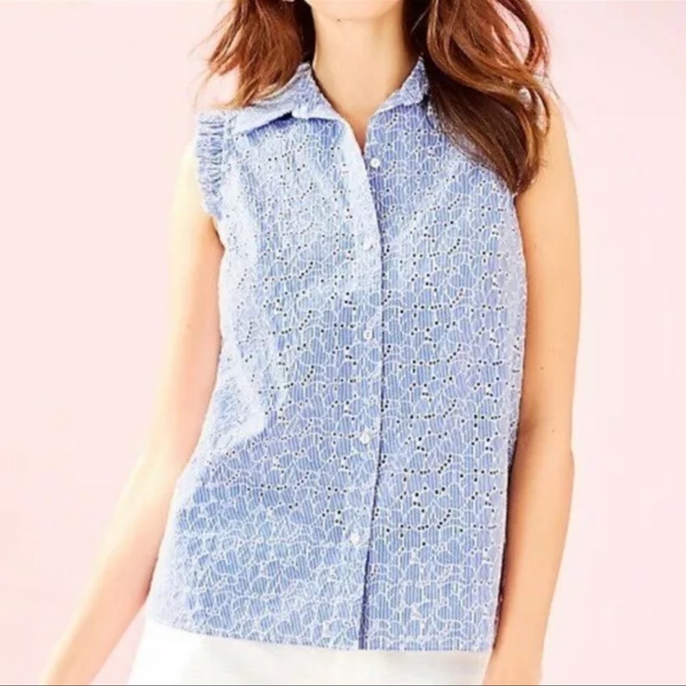 Lilly Pulitzer Blue White Lenox Sleeveless Eyelet Blouse